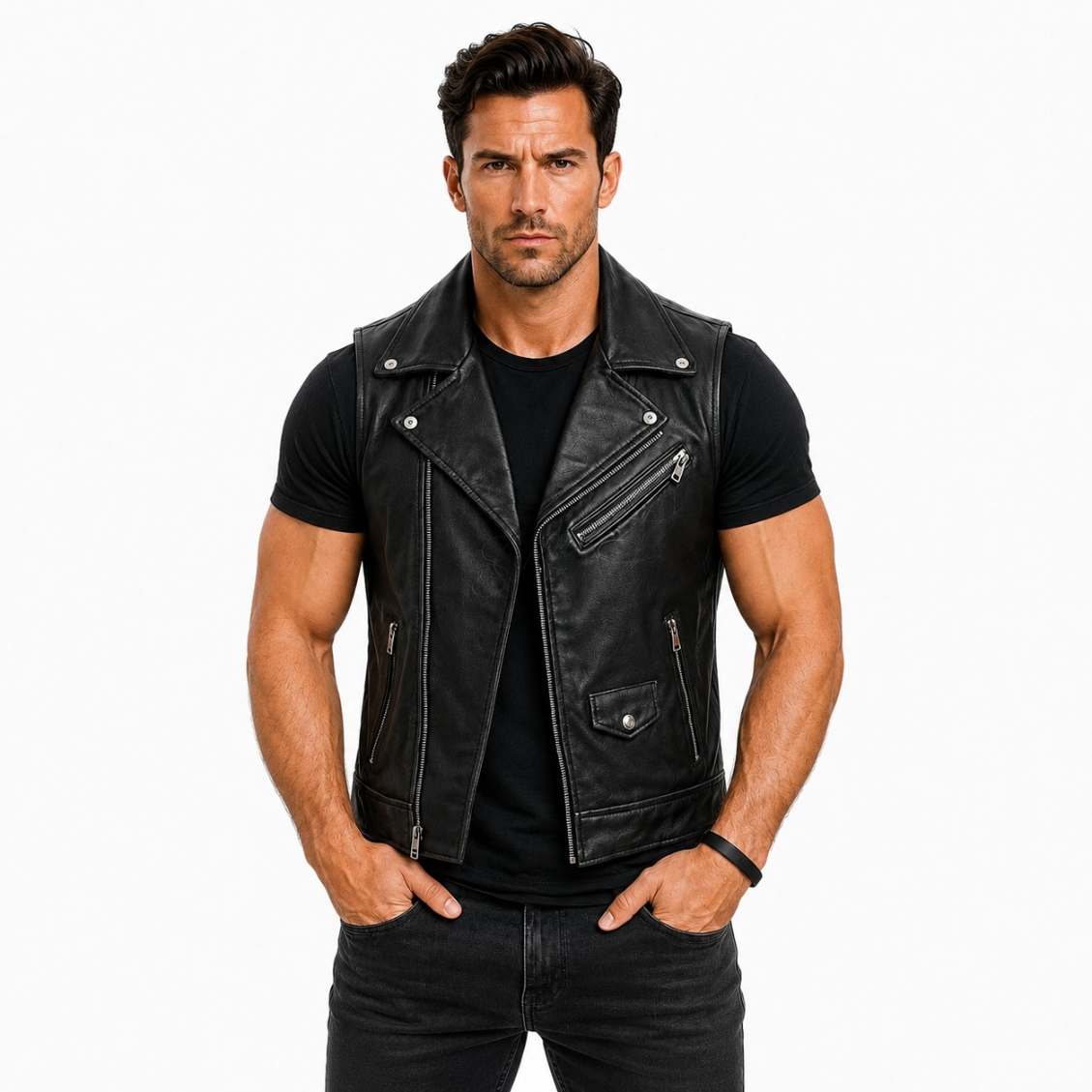 Men's Black Leather Biker Vest - Zip Front with Buckle Straps Men's Black Leather Biker Vest - Zip Front with Buckle Straps