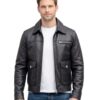 Men's Black Leather Jacket - Shirt Collar with Flap Pockets