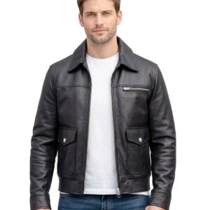 Clara Leather Jackets Men's Black Leather Jacket - Shirt Collar with Flap Pockets