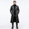 Men's Black Leather Trench Coat - Full-Length with Buckle Straps