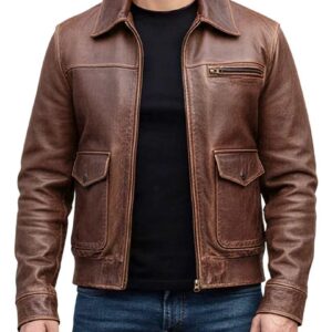 Distressed Brown Leather Jacket - Classic Zip Front img 23043 opt