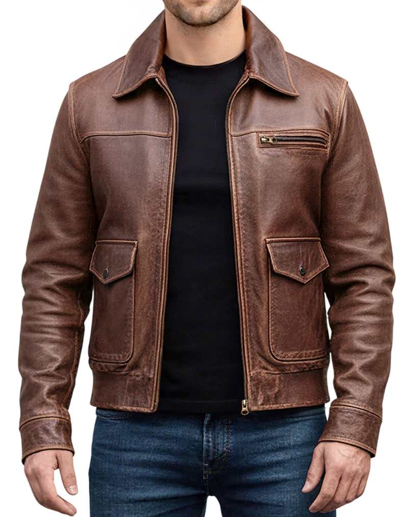 Distressed Brown Leather Jacket - Classic Zip Front Distressed Brown Leather Jacket - Classic Zip Front - Image 5