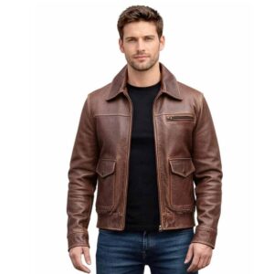 Distressed Brown Leather Jacket - Classic Zip Front