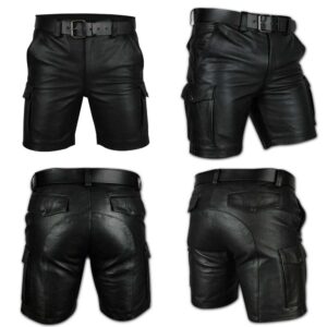 Mens Real Black Leather Cargo Shorts img 6356 opt