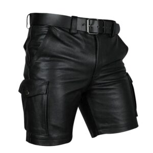 Mens Real Black Leather Cargo Shorts img 6357 opt
