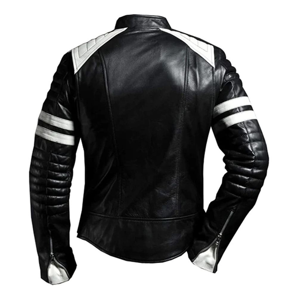 Men's White Stripes Biker Black Leather Jacket Men's White Stripes Biker Black Leather Jacket - Image 2