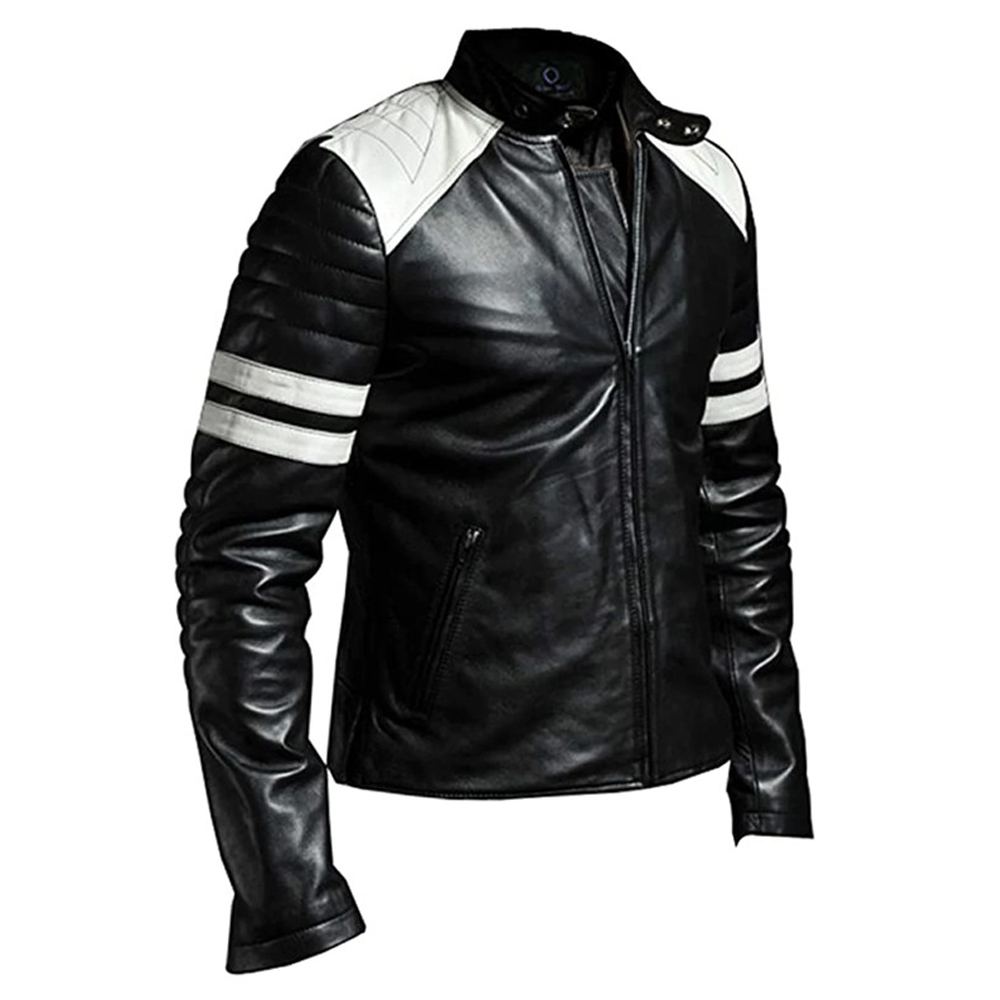 Men's White Stripes Biker Black Leather Jacket Men's White Stripes Biker Black Leather Jacket - Image 3