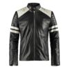 Men's White Stripes Biker Black Leather Jacket