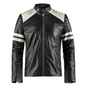 Men's White Stripes Biker Black Leather Jacket