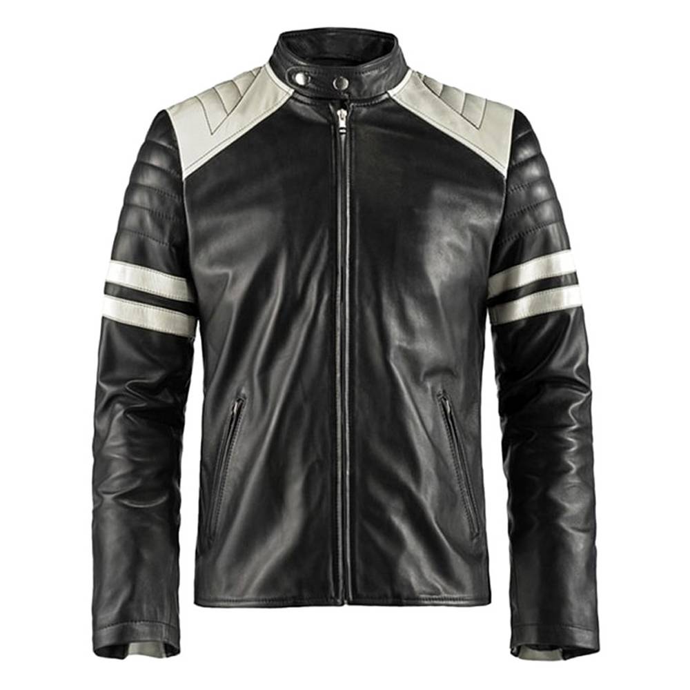 Men's White Stripes Biker Black Leather Jacket Men's White Stripes Biker Black Leather Jacket