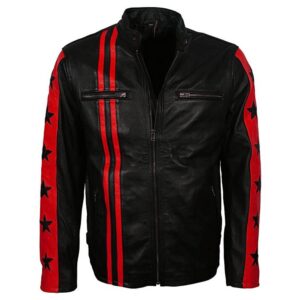Men Cafe Racer Star Black Leather Jacket