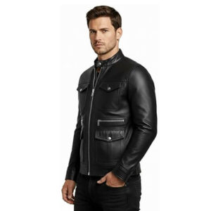 mens black leather jacket side