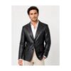 Mens Black Leather Blazer Coat Handmade Red Stitch front view