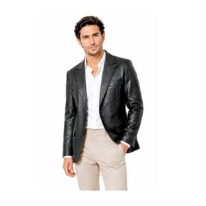 Mens Black Leather Blazer Coat Handmade Red Stitch front view close up