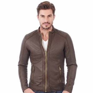 Men's Brown Leather Racer Sleek Jacket