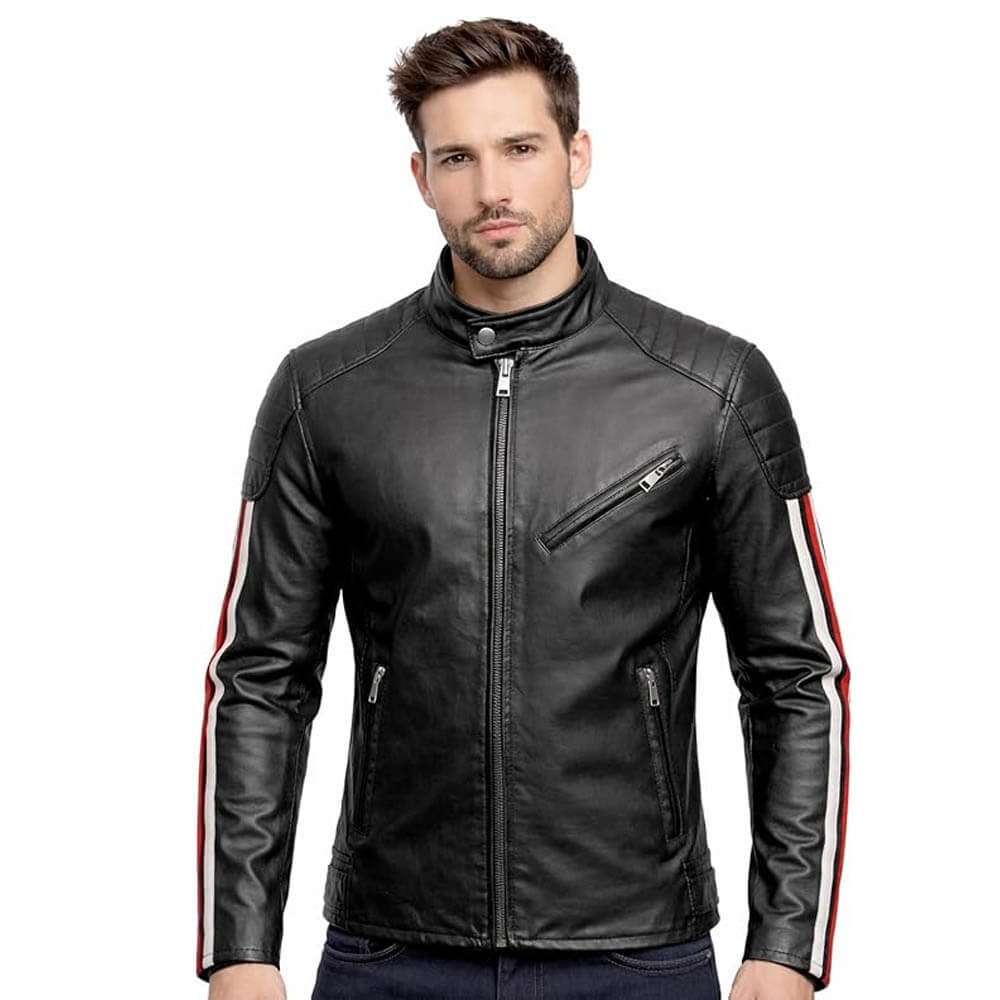 Men's Racing Stripe Leather Biker Jacket Men’s Genuine Leather Biker Jacket Black Motorcycle Racing Style Leather Coat for Men -Motorbike Jacket UK – Mens Slim Fit Leather Jacket