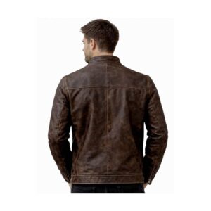 Men's Vintage Brown Leather Jacket - Distressed Biker Style - back view