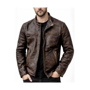Men's Vintage Brown Leather Jacket - Distressed Biker Style - front view