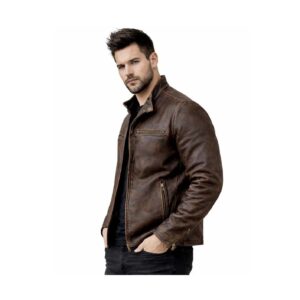 Men's Vintage Brown Leather Jacket - Distressed Biker Style - side view