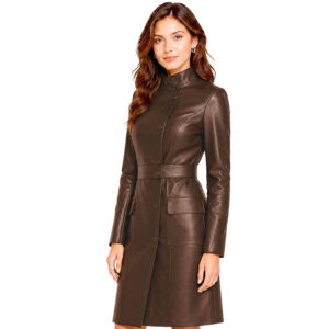 Women's Mid-Length Leather Trench Coat omens Black Real Leather Coat Ladies Slim Fit Long Sleeve Knee Length Jacket Winter Outerwear