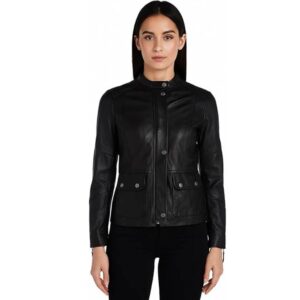 Ladies Black Leather Snap Button Jacket