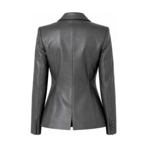 Women's Black Leather Blazer Coat - back view on model
