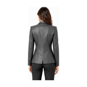 Women's Black Leather Blazer Coat - flat lay back