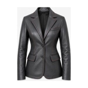 Women's Black Leather Blazer Coat - flat lay front