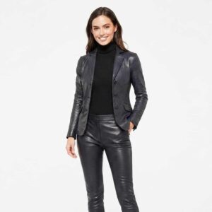 Women's Black Leather Blazer Jacket