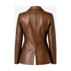 Women's Brown Leather Blazer Coat - back view on model