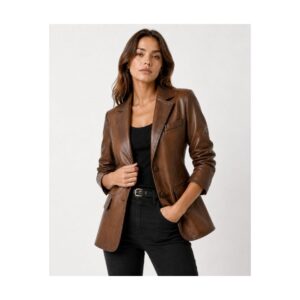Women's Brown Leather Blazer Coat - flat lay back