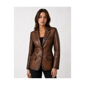 Women's Brown Leather Blazer Coat - flat lay front
