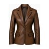 Women's Brown Leather Blazer Coat - front view on model