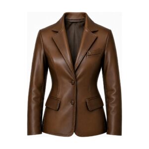 Women's Brown Leather Blazer Coat - front view on model
