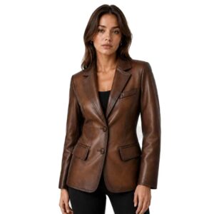Women's Brown Leather Blazer Coat