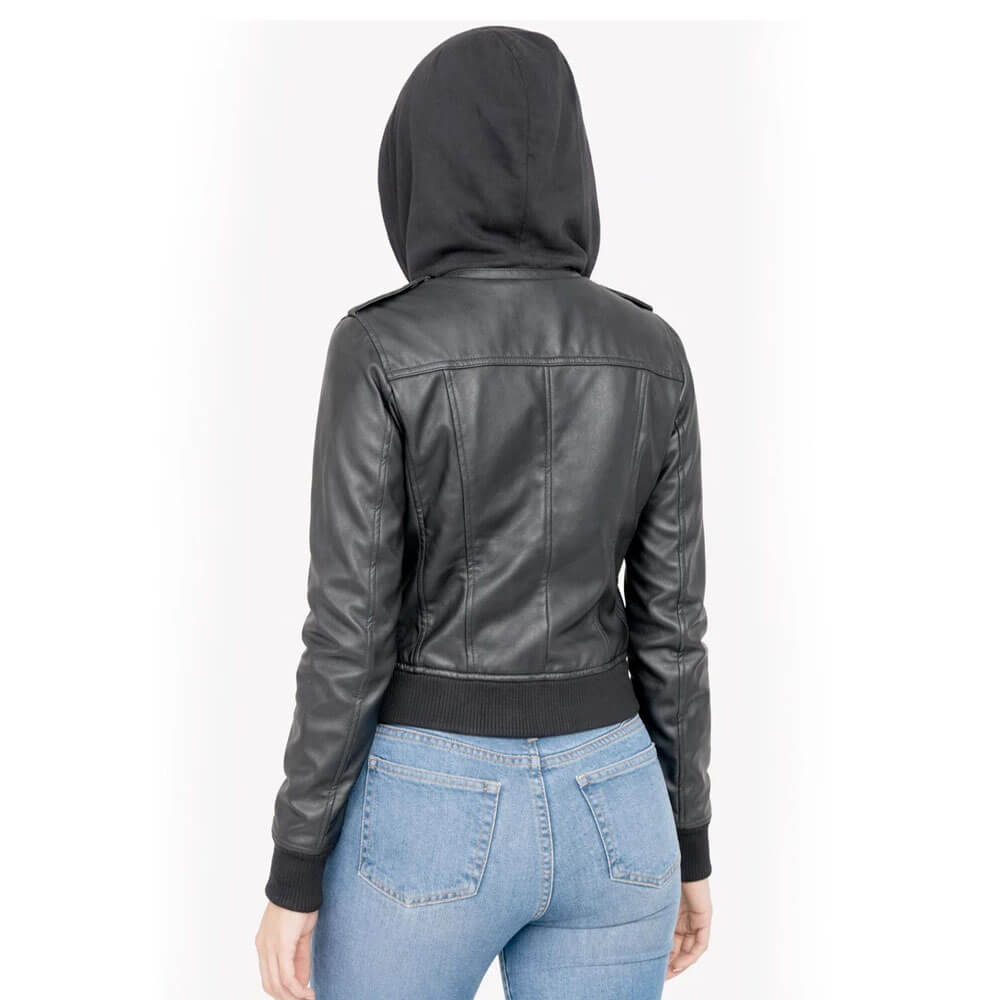 Women's Hooded Leather Jacket Women's Hooded Leather Jacket - Image 3