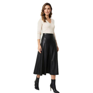 Pleated Genuine Leather Skirt For Women