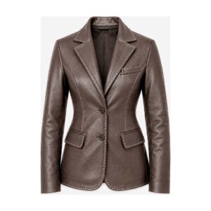 Women's Taupe Brown Leather Blazer Coat with Handmade Contrast Stitching - Tailored Notch Lapel Style Women's Taupe Brown Leather Blazer Coat - flat lay front