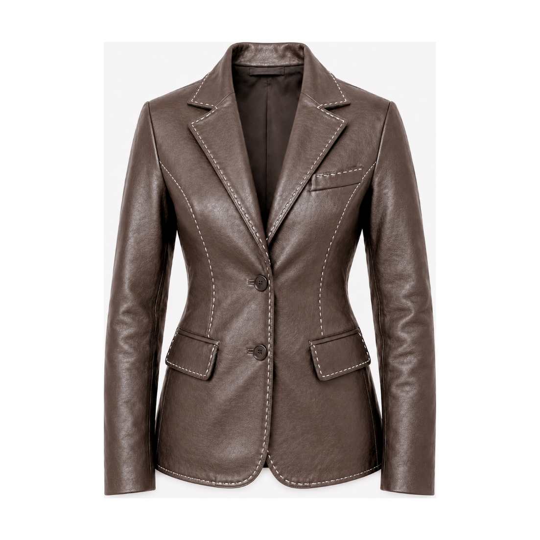 Women's Taupe Brown Leather Blazer Coat with Handmade Contrast Stitching - Tailored Notch Lapel Style Women's Taupe Brown Leather Blazer Coat - flat lay front