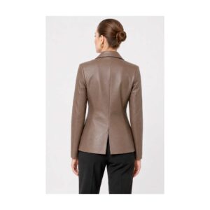 Women's Taupe Brown Leather Blazer Coat - front view alternate pose