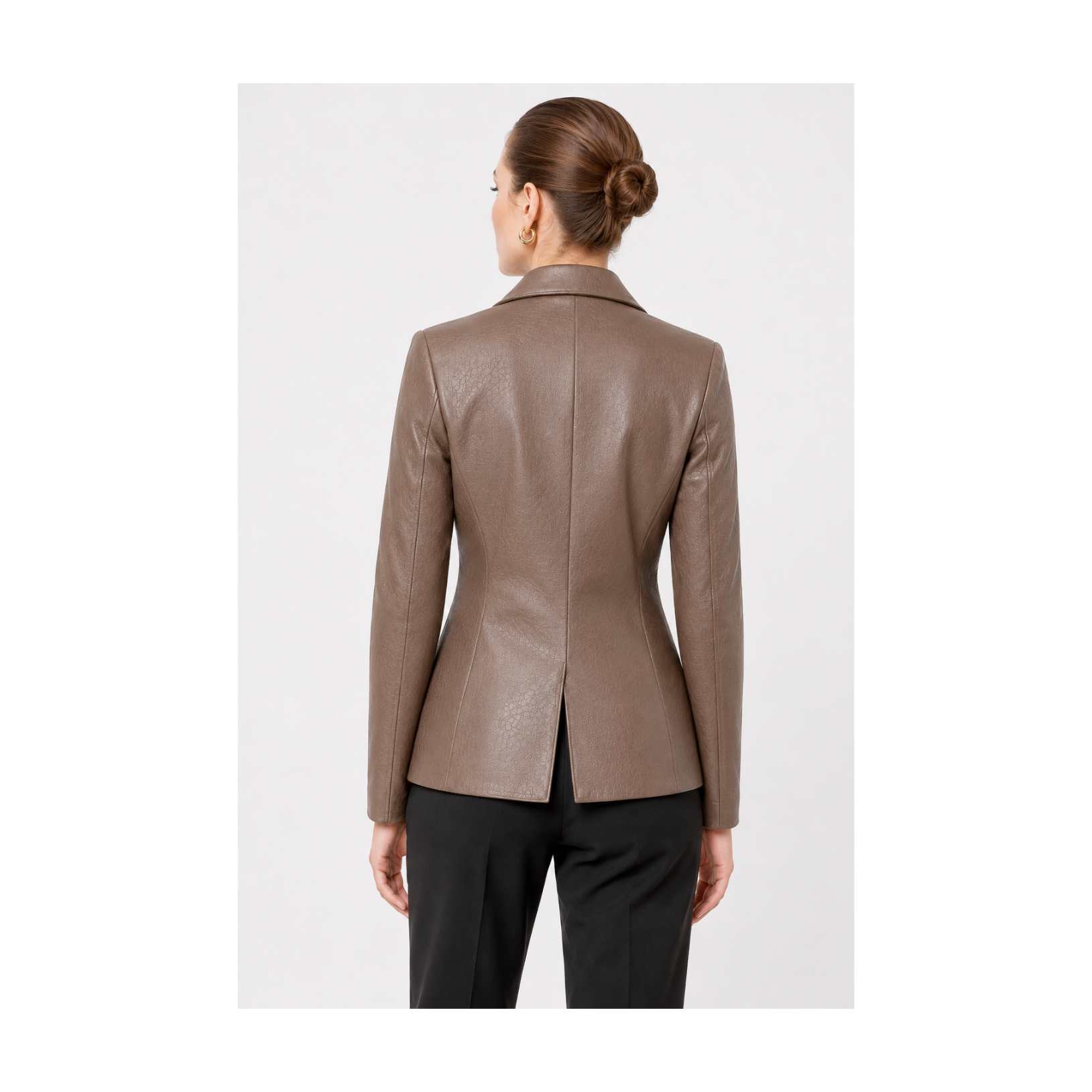 Women's Taupe Brown Leather Blazer Coat with Handmade Contrast Stitching - Tailored Notch Lapel Style Women's Taupe Brown Leather Blazer Coat - front view alternate pose