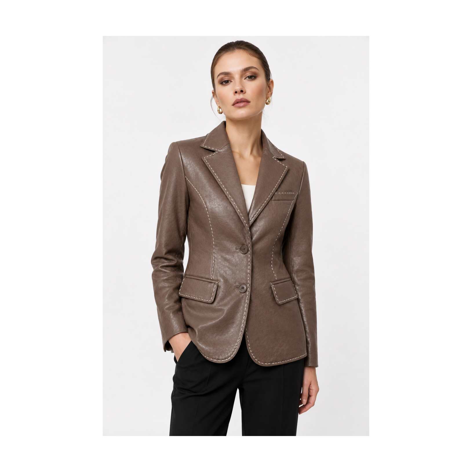 Women's Taupe Brown Leather Blazer Coat with Handmade Contrast Stitching - Tailored Notch Lapel Style Women's Taupe Brown Leather Blazer Coat - front view on model