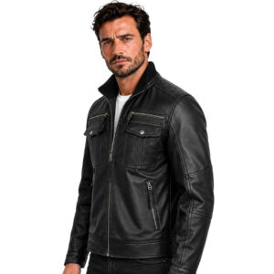 Mens Genuine Leather Jacket – Vintage Cafe Racer Slim Fit Black Sheepskin Leather Jacket – Mens Real Leather Motorcycle Jacket
