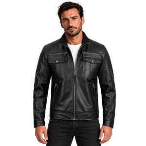 Mens Genuine Leather Jacket – Vintage Cafe Racer Slim Fit Style Black Soft Sheepskin Leather Jacket – Mens Real Leather Motorcycle Jacket