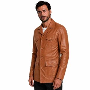 Men's Leather Safari Jacket Genuine Leather Car Coat Mens Real Leather Length Safari Car Coat Reefer Blazer Style Genuine Lambskin Leather Jacket