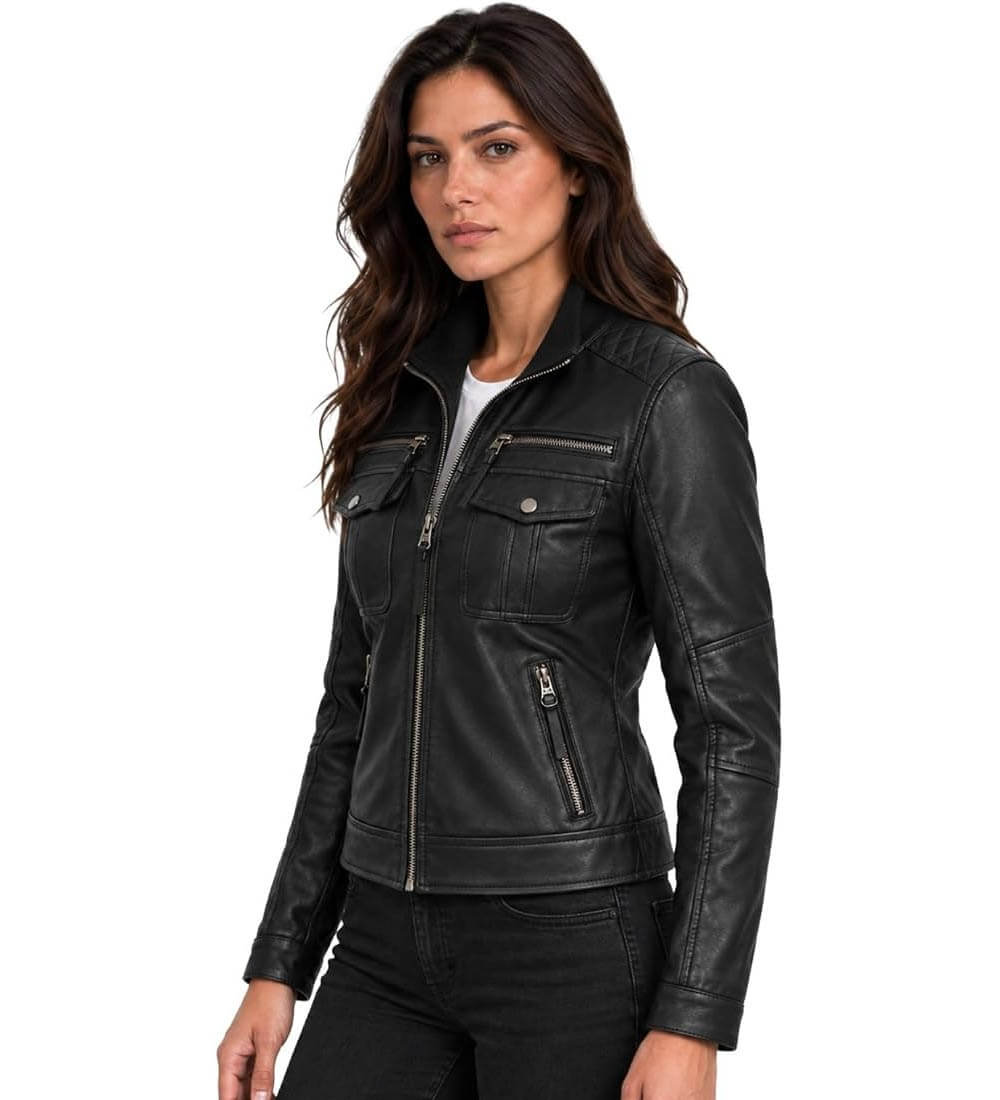 Womens Biker Style Genuine Leather Jacket Womens Biker Style Genuine Leather Jacket - Image 6