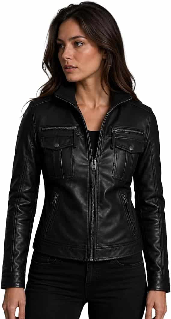 Women's Black Genuine Leather Biker Jacket Women's Black Genuine Leather Biker Jacket - Image 4