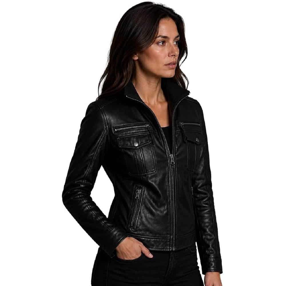 Women's Black Genuine Leather Biker Jacket Women's Black Genuine Leather Biker Jacket - Image 5