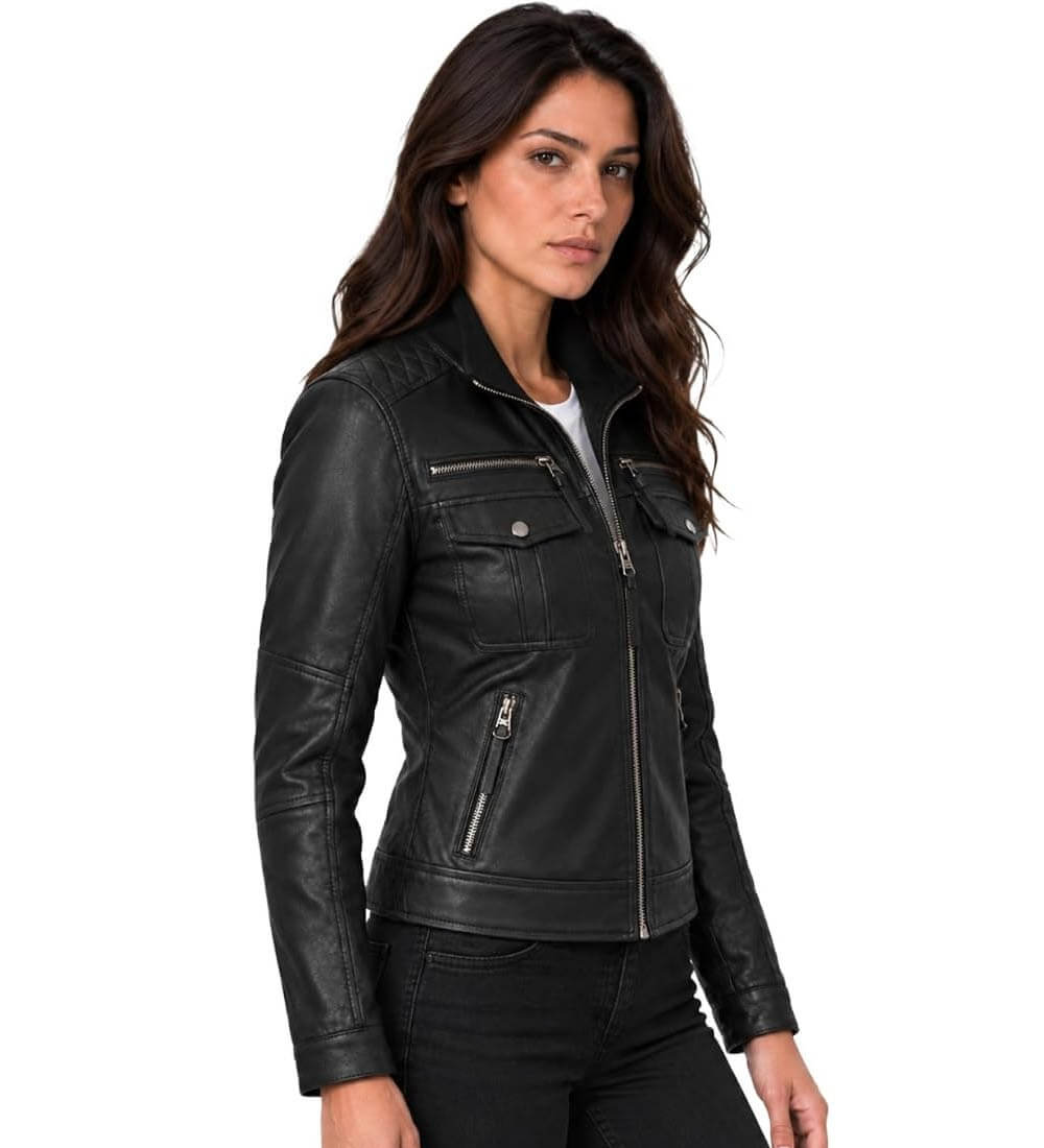 Womens Biker Style Genuine Leather Jacket Womens Biker Style Genuine Leather Jacket - Image 2
