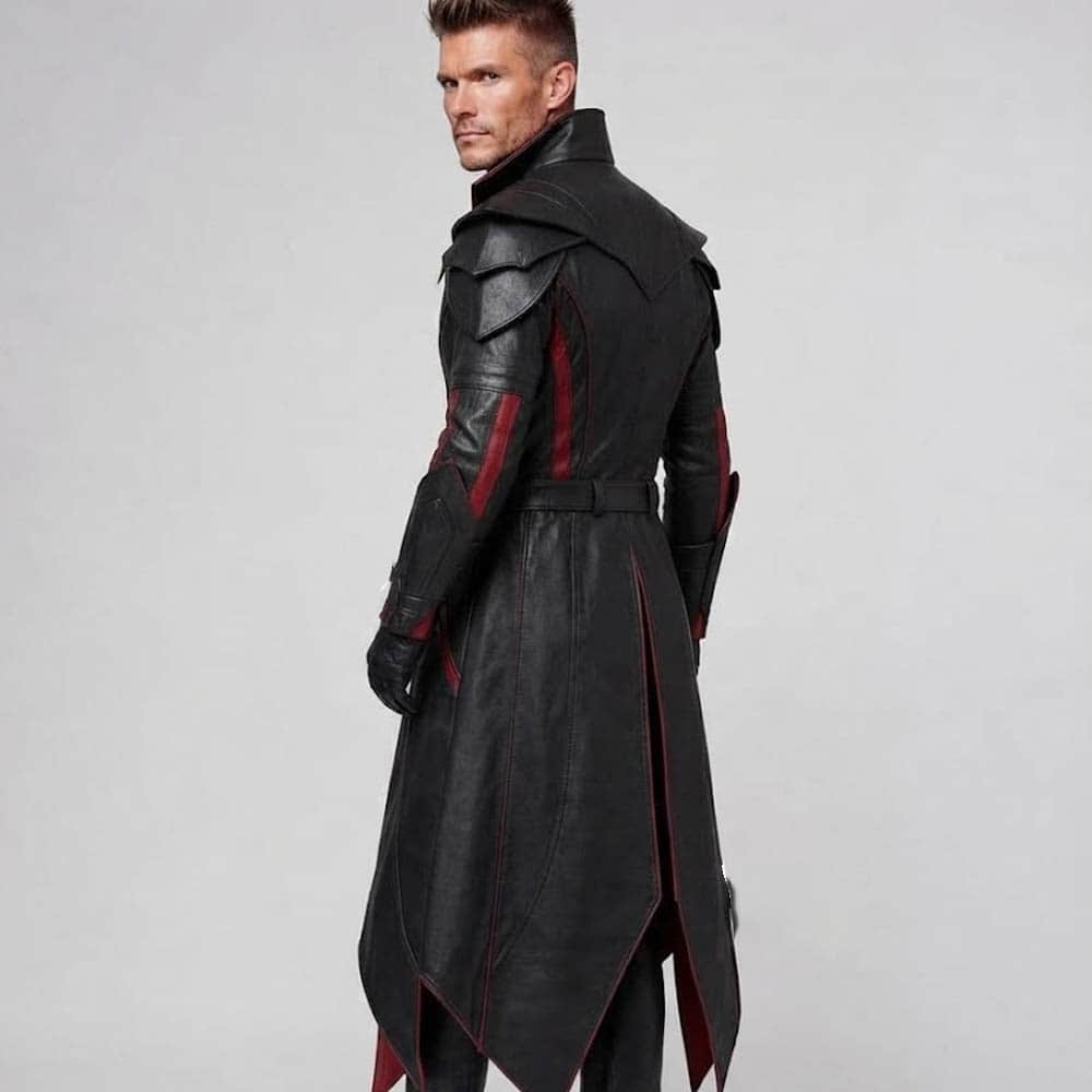 Men's Gothic Fantasy Warrior Leather Trench Coat Men's Gothic Fantasy Warrior Leather Trench Coat - Image 4